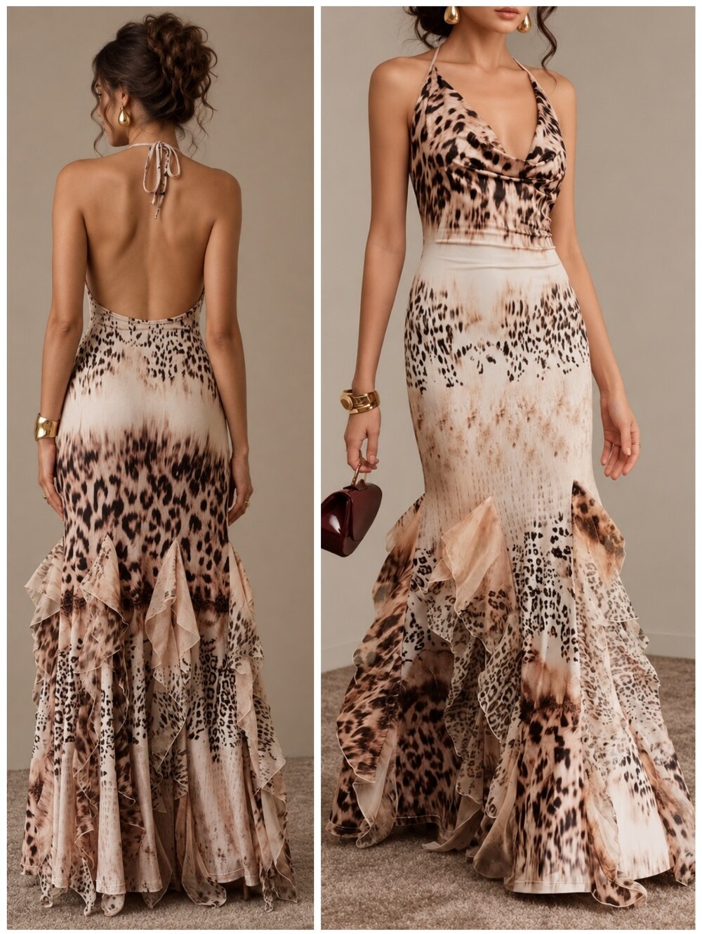 New Draped Animal Print Halter Long Dress Waterfall Ruffle Cream Tan Brown
